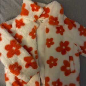 SHEIN Orange Floral Faux Fur Jacket